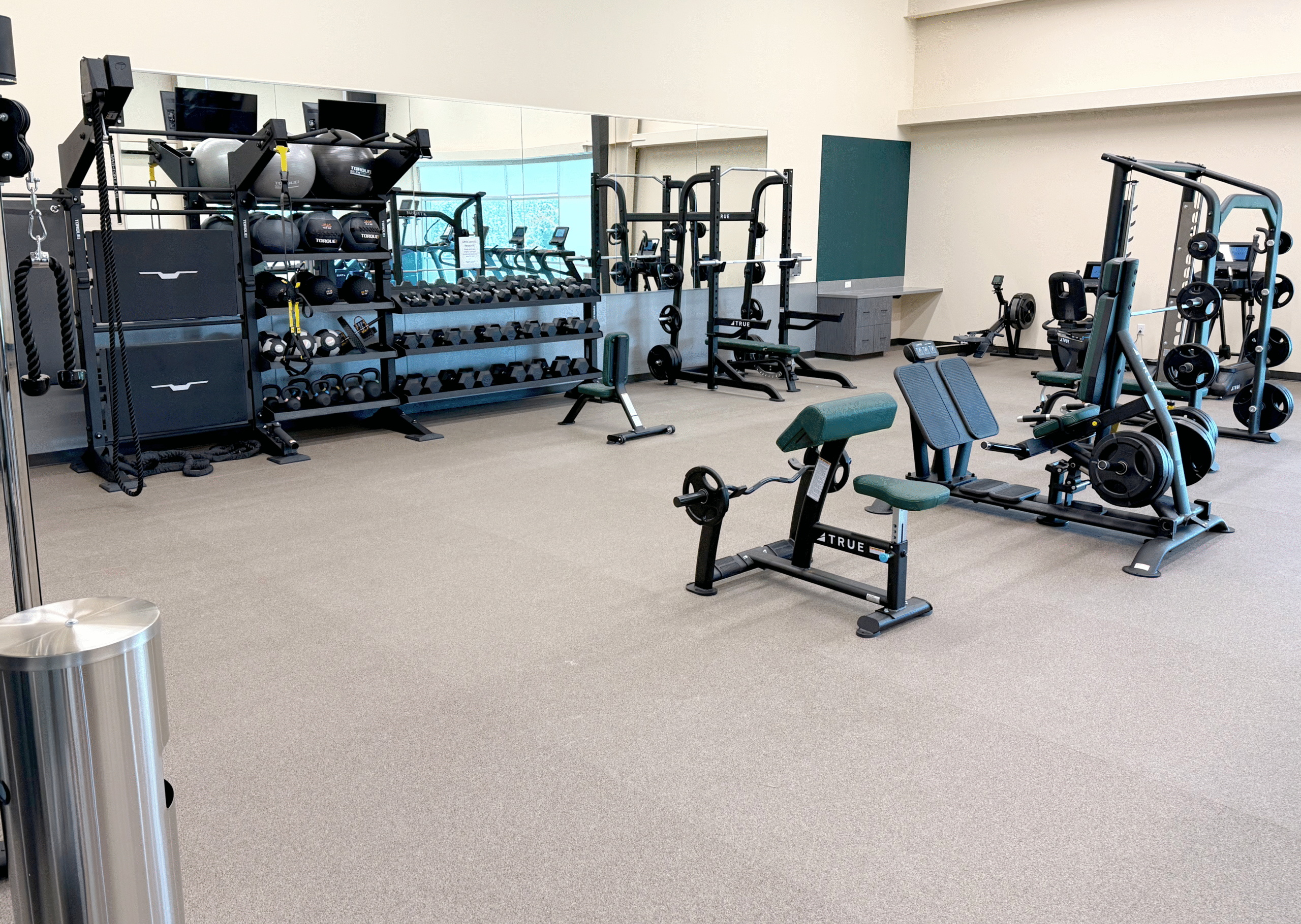 TRUE Fitness Weight Room Installation TRUE Fitness weight room installation with racks, benches, and functional training stations.