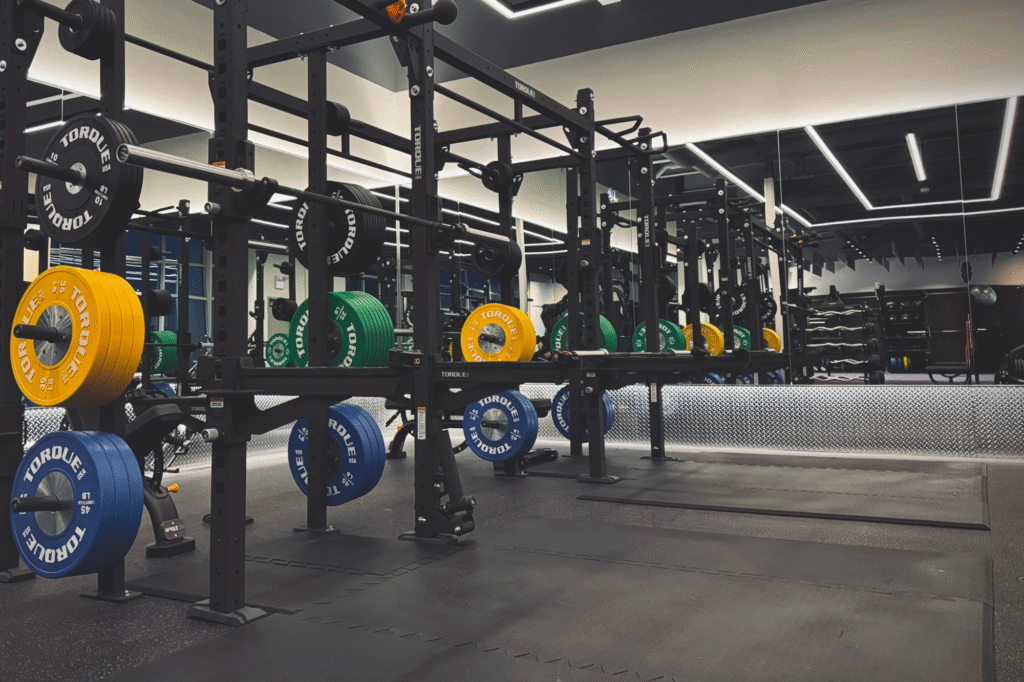 Commercial gym with Torque weight racks and plates in a modern strength training room.