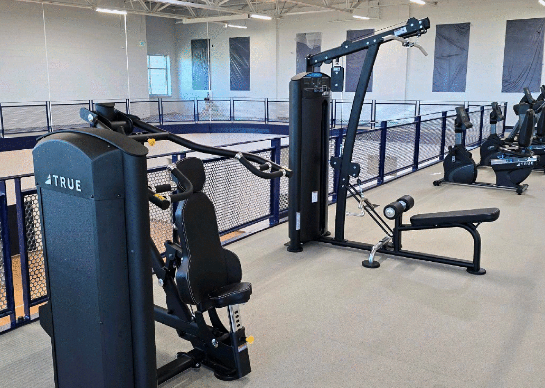 TRUE Strength Equipment in Elevated Fitness Facility TRUE strength equipment in an upper-level gym overlooking an indoor track and training area.
