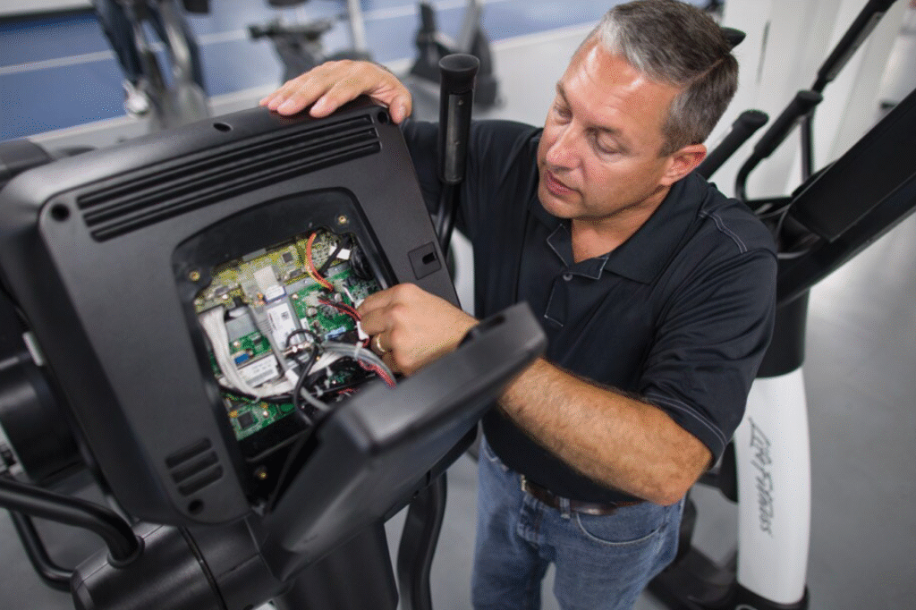 Technician repairing the internal components of a commercial fitness machine. Expert technician performing an emergency repair on commercial fitness equipment.