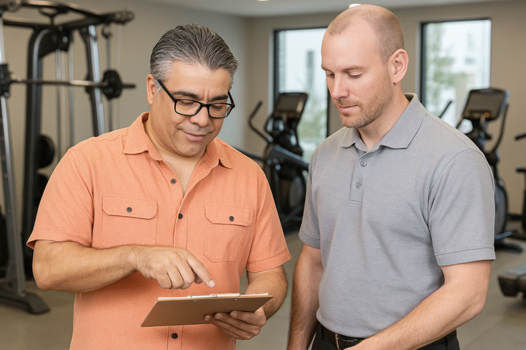 commercial treadmill repair
Technician consulting with a client about professional fitness equipment repair services.