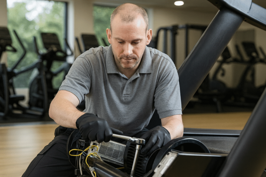 technician diagnosing commercial fitness equipment during troubleshooting