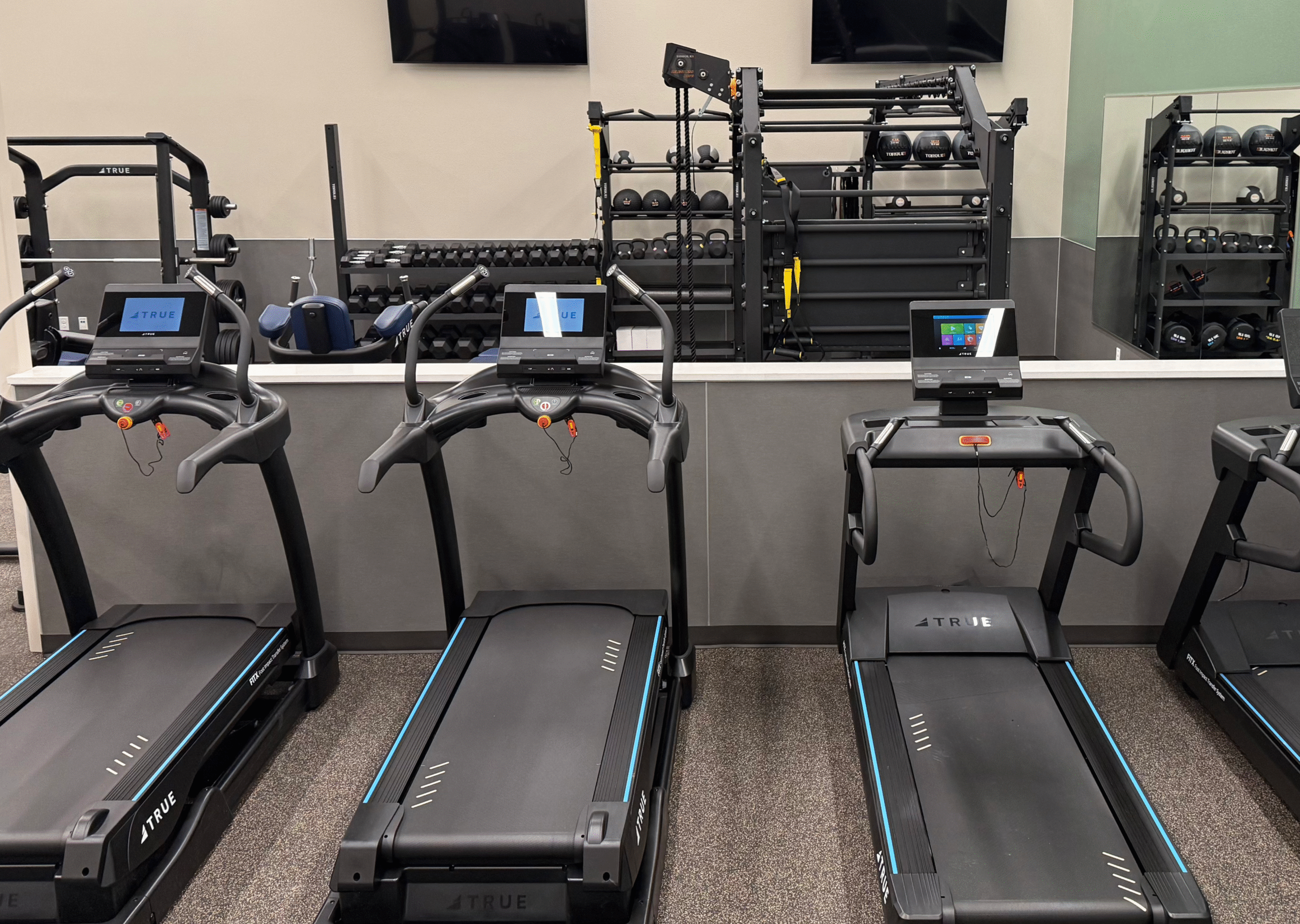 TRUE Fitness Treadmills and Strength Equipment Installation TRUE Fitness treadmills and strength equipment installed in a commercial gym.