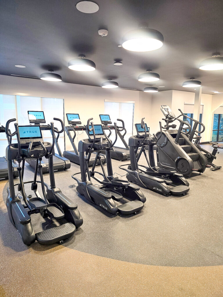 TRUE Fitness ellipticals and stair machines installed in a modern commercial fitness room.